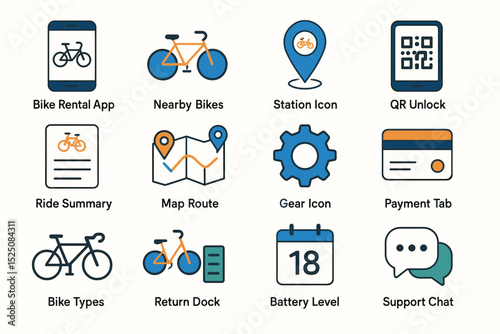 Bike rental app icons: station, qr unlock, ride summary, map route, gear, payment, bike types