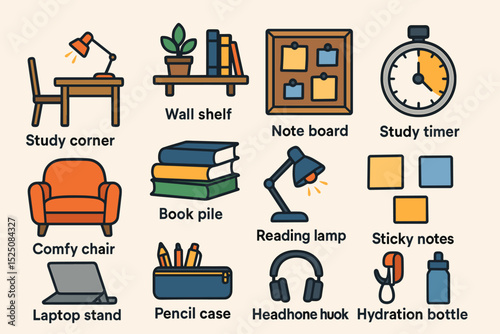 Cozy study corner essentials with wall shelf and study timer for productivity