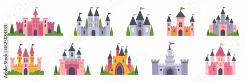 Vector collection of castles in medieval, modern, and fantasy styles – Perfect for storytelling visuals, children’s content, or fantasy design.
