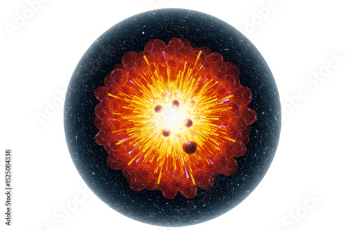 Explosive atomic model illustrating the fundamentals of matter isolated on a transparent background