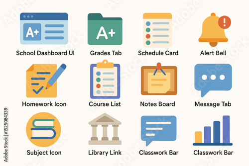 Educational app icons: dashboard, grades, schedule, alert, homework, course, notes, message, subject, library, classwork