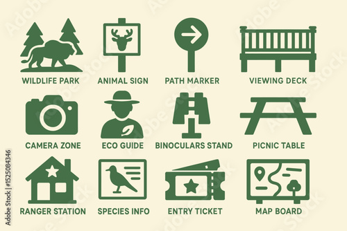 Wildlife park icons: signs, stations, and equipment for nature enthusiasts