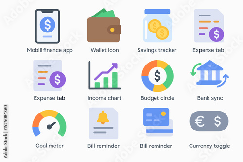 Finance app icons set with wallet, savings, expense, income chart, bank sync, bill reminders