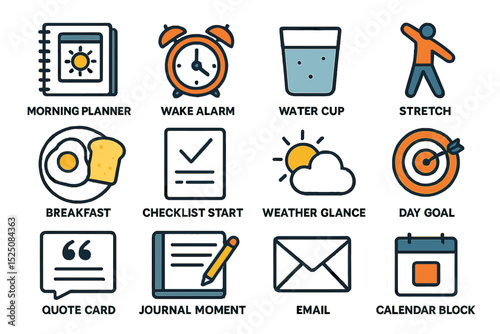 Daily routine symbols: morning planner, wake alarm, breakfast icons set