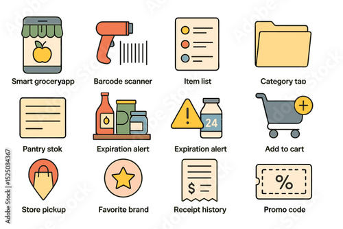 Smart grocery app icons: barcode scanner, cart, item list, expiration alert