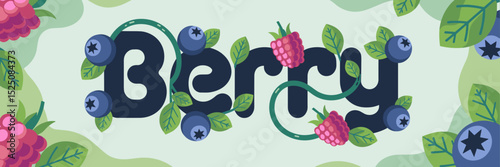 berry word with detailed blueberries raspberries and vines on green blue gradient – great for fresh produce advertising, natural food themes, or spring promotions