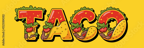 bright taco text with overflowing fillings and geometric background – ideal for Mexican restaurant branding, food truck logos, or festive menus