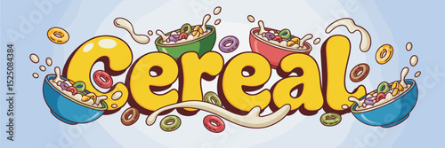 playful cereal logo with colorful loops, bowls, and milk splashes – ideal for breakfast food promotions and children’s products