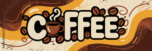 coffee text with steaming cups coffee beans and swirling steam on warm brown background – perfect for cafe branding, coffee promotions, or cozy lifestyle content