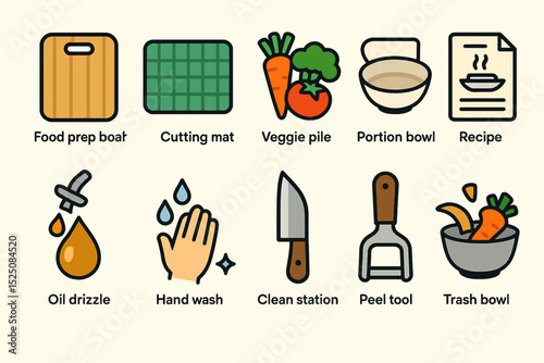 Kitchen tools and ingredients icons: cutting board, vegetables, bowl, recipe, knife