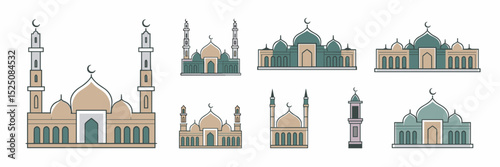 Modern minimalist mosque icon sheet with domes and minarets – Great for mobile app UI, cultural branding, or Islamic holiday content