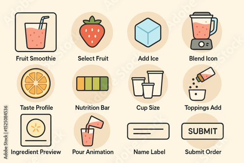 User interface icons for customized smoothie order with ingredients and options