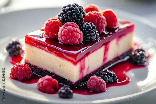 Berry cheesecake with raspberry glaze, isolated on white background
