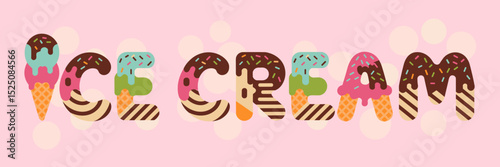 ice cream lettering with chocolate vanilla cones and berry scoops – great for cheerful food advertisements