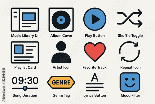 Music app icons: play, shuffle, repeat, favorite, mood, genre, artist