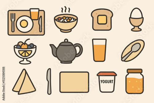 Icon set of breakfast foods and drinks with simple line art style