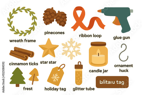 Holiday craft symbols with wreath, pinecones, ribbon, and glue gun