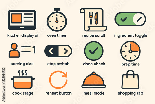 Kitchen interface icons: timer, recipe, serving, status, cooking