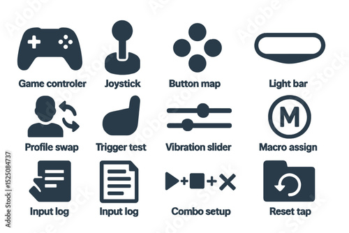 Gaming interface icons: controller, joystick, button map, vibration slider, input log