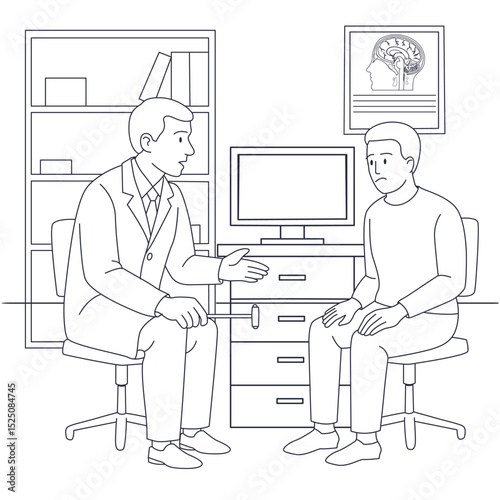 Line art illustration of a neurologist consulting with a patient in a medical office. Neurological examination, brain health care, diagnosis of nervous system disorders, doctor-patient interaction con