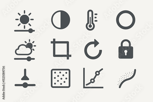 Editing and adjustment icons: sun, temperature, crop, rotate, lock