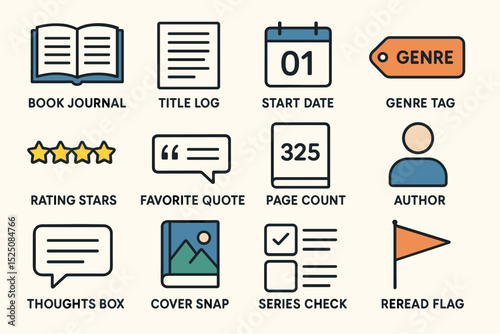Icon set for book journal: genre tag, rating stars, favorite quote, and more