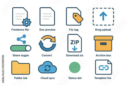 Colorful file management icons: upload, convert, sync, archive, preview