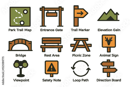Park trail icons: map, gate, signs, and facilities for hikers