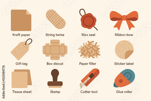 Packaging essentials: kraft paper, twine, wax seal, ribbon, tag, box, filler, label, tissue, stamp, cutter, glue