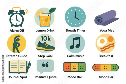 Healthy morning routine icons for wellness and mindfulness activities