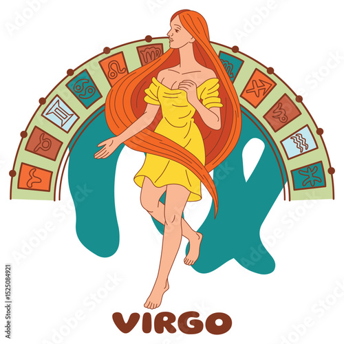 Virgo zodiac sign illustration with beautiful red-haired woman in yellow dress. Astrological symbol with horoscope background. Flat vector art