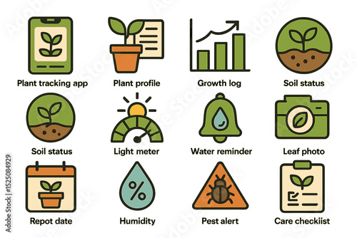 Plant care app icons for growth, soil, light, and water management