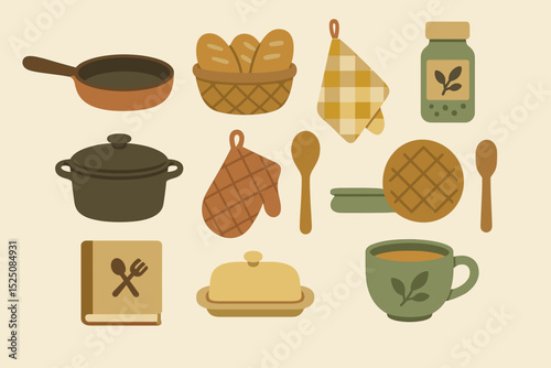Cozy kitchen utensils and essentials: pan, bread, mug, pot, herbs, utensils