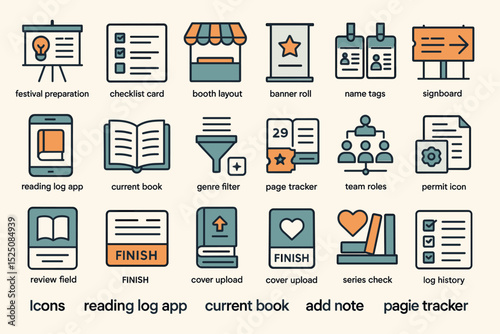 Icon set: festival preparation, page tracker, reading log app, and series check