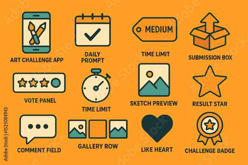 Art challenge app icons with daily prompts and sketch preview on orange background