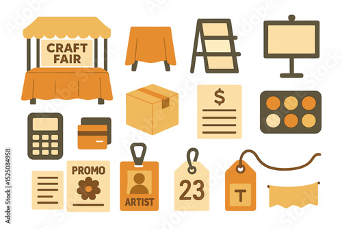 Craft fair essentials: booth, supplies, and marketing icons in warm tones