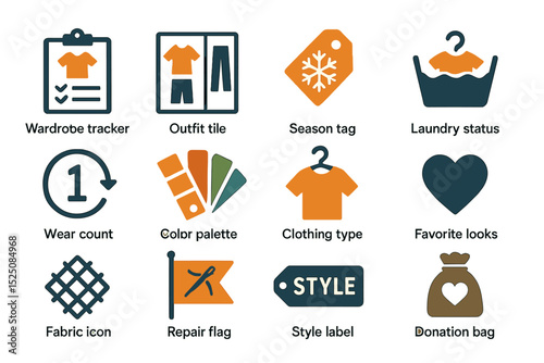 Wardrobe management icons: outfit tracking and clothing organization tools