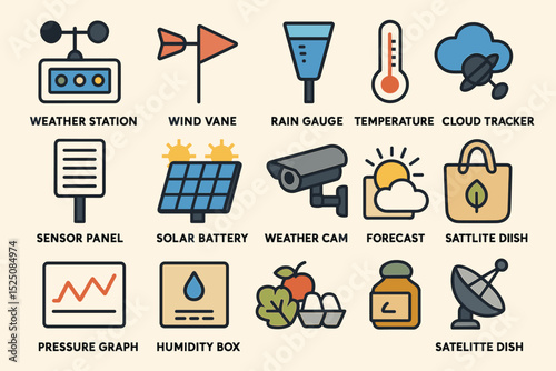 Weather equipment icons: station, vane, gauge, temperature, cloud tracker