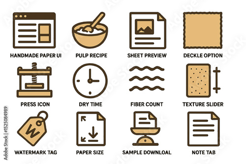 Handmade paper ui icons: pulp recipe, deckle option, watermark tag, fiber count, texture slider