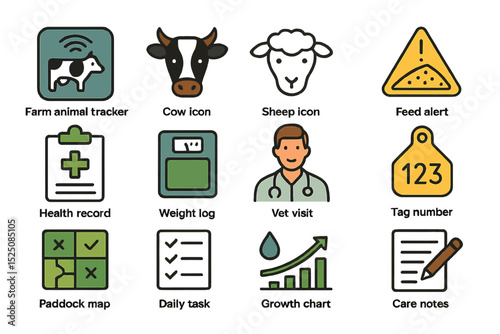 Farm management icons: animal tracking, health, and feeding alerts