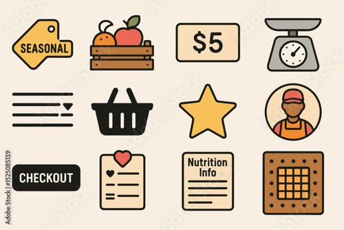 Grocery store icons collection featuring fruits, price tags, and cashier illustration