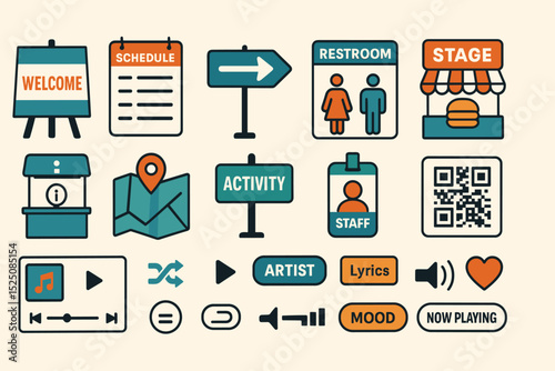 Event signs and icons for directions, activities, and information