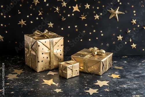 Golden gifts sparkle under a starry night sky