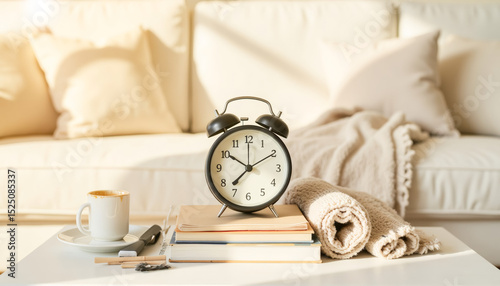 Cozy living room scene with alarm clock, books, and coffee cup  