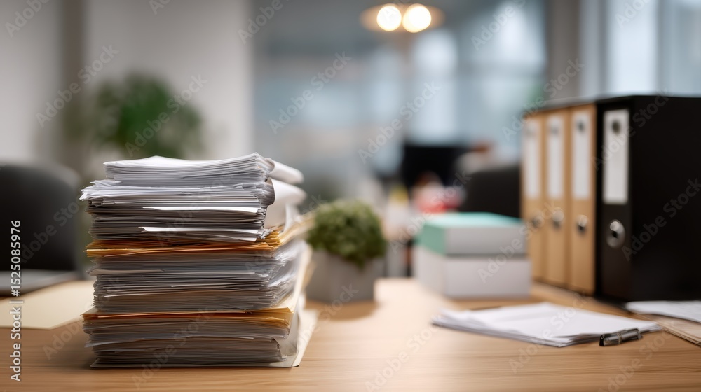 Fototapeta premium Cluttered office scene featuring stack of paperwork, organized files, and small plant on wooden desk, creating busy yet productive atmosphere