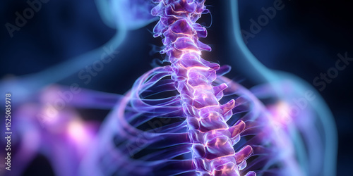 Close-up of glowing purple and blue human spine, detailed anatomical structure, showcasing health, wellness, or medical concepts
