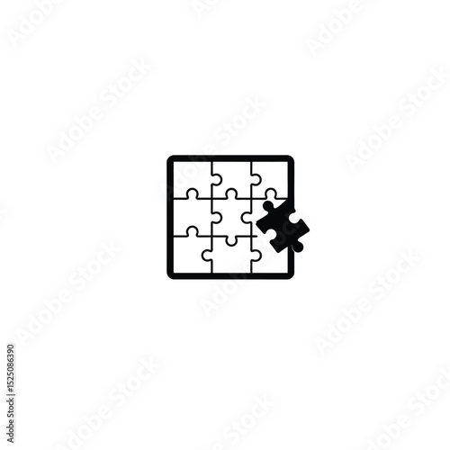 Flat silhouette of a jigsaw puzzle with a missing piece being inserted on white background