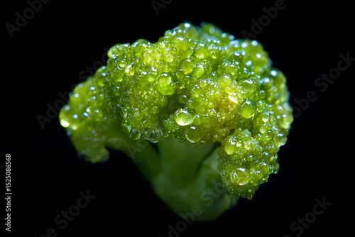 Dewkissed broccoli floret against a stark black backdrop