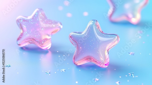 A transparent glass stars floating in the air, on a light blue background. 1