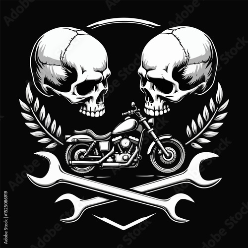 Vector t-shirt design with biker motorcycle,
human skull, wrench isolated on black background. 
Fashionable print for fabric, men clothing,
hoodie, biker jacket. T shirt template.